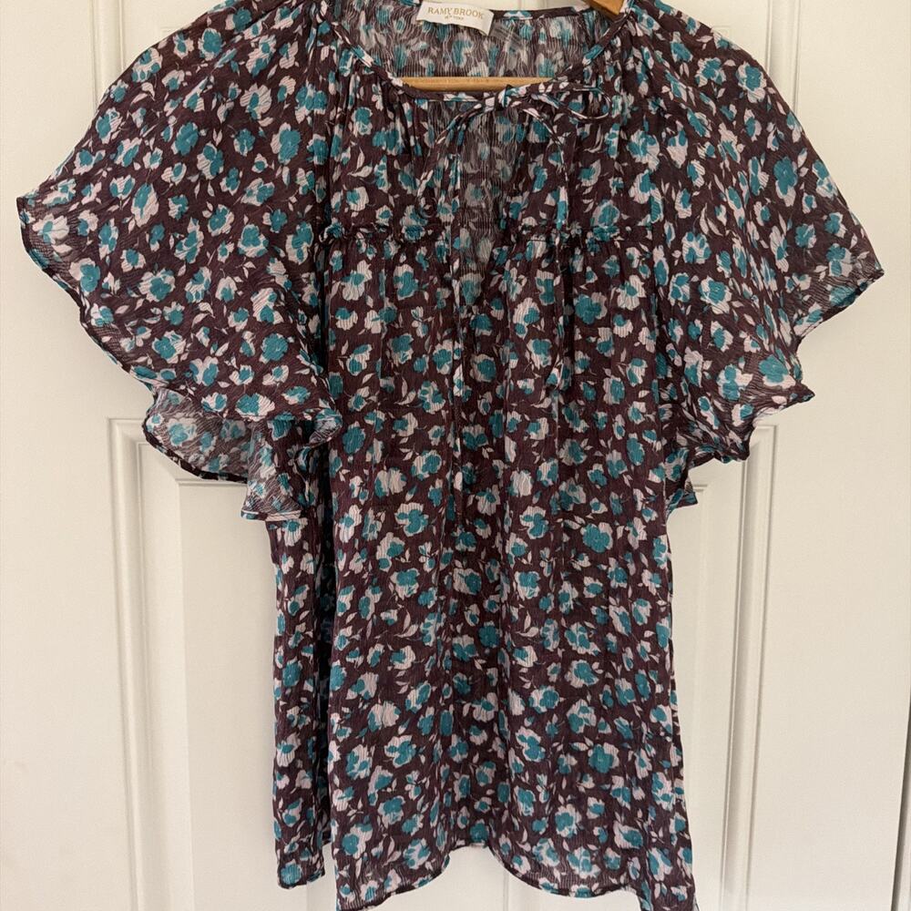 Ramy Brook Floral Metallic S Sidney Blouse Flutter Sleeve Boho Feminine Romantic